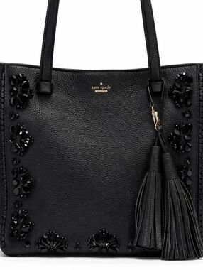 Kate Spade Anderson Way Dorna Beaded Tote Black Pebbled Leather Tassel Bag Flora